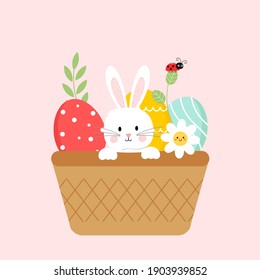 Easter eggs, rabbit, daisy flower and ladybug in the basket. Cute cartoon elements. Easter day.
