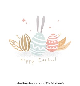 Easter eggs with rabbit ears. Funny hand drawn illustration in cartoon style. Vector