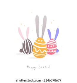 Easter eggs with rabbit ears. Funny hand drawn illustration in cartoon style. Vector