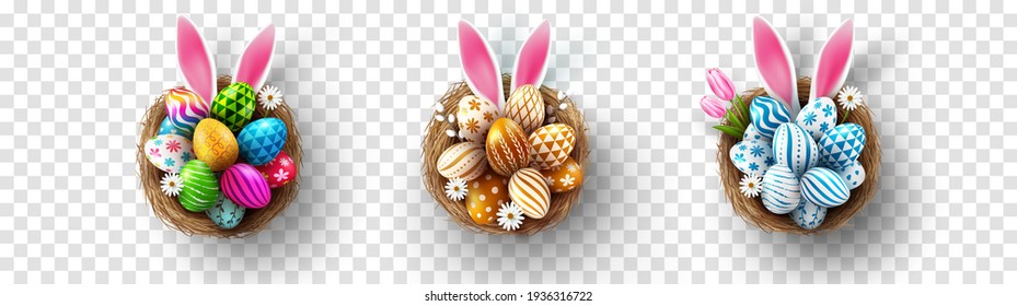 Easter eggs and Rabbit ears in the nest on transparent background.Greetings and presents for Easter day in flat lay styling.Promotion and shopping template for Easter