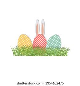 Easter eggs, rabbit ears on the grass vector illustration