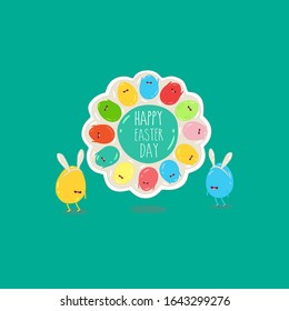 Easter eggs in the rabbit ears on the plate. Happy Easter Day. Vector cartoon. Friends party. Use in the menu, the card or stickers. Easy to edit.