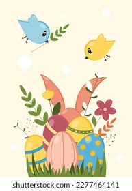 Easter eggs and rabbit. Easter greeting card.