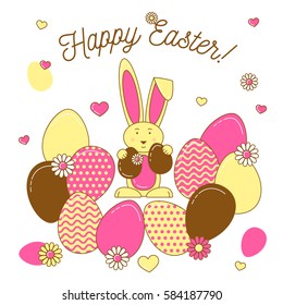 Easter eggs and rabbit, Happy Easter vector illustration. Colorful line design with flowers and hearts.