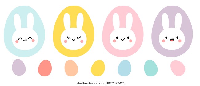 Easter eggs and rabbit head icon set isolated on white background vector illustration. Cute cartoon character.