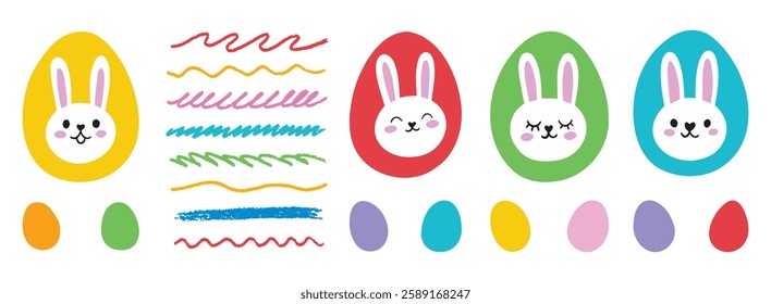 Easter eggs with rabbit head icon cute cartoon set isolated on white background vector illustration. Rabbit character. Vector illustration
