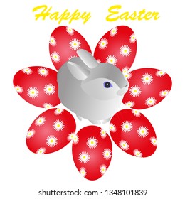 Easter eggs and a rabbit isolated on white background. Vector illustration.