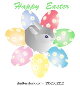Easter eggs and a rabbit isolated on white background. Vector illustration.