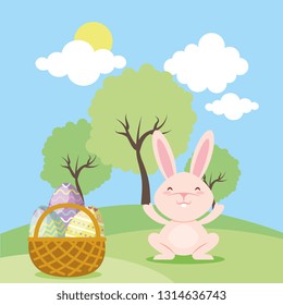 Easter eggs and rabbit in landscape cartoons vector digital illustration image