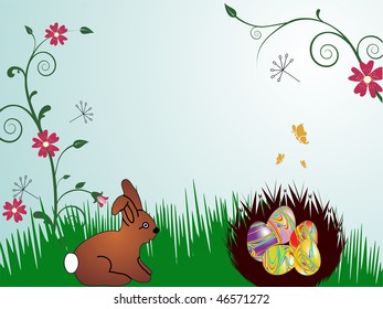 easter eggs and rabbit on floral background - vector