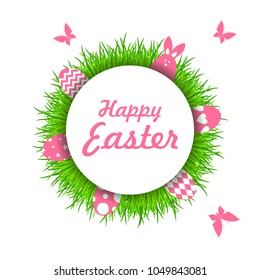 Easter eggs and easter rabbit on grass. Green frame on white background. Vector illustration