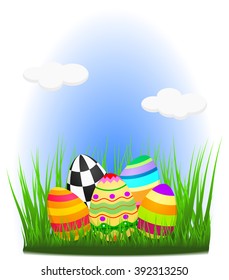 Easter eggs rabbit on grass. Vector with all elements sorted and grouped in layers