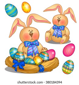 Easter eggs and rabbit on a plate of woven straw. Template greeting card, sketch poster, invitation to the party. Vector illustration.