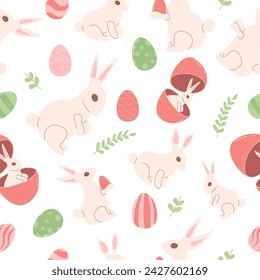 Easter eggs and rabbit seamless pattern. Spring holiday endless background with bunny. Celebration cover. Vector flat illustration.