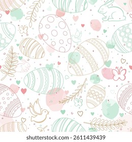 Easter eggs, rabbits, birds, butterflies and twigs on a white background with colored spots. Easter design elements and golden branches. Easter theme. Vector seamless pattern.