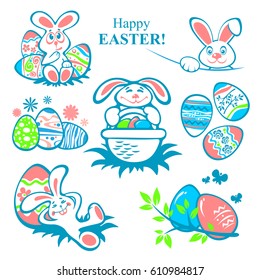 Easter eggs and rabbits isolated on white background. Holiday set. Design elements for greeting cards or flyers.