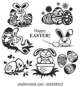 Easter eggs and rabbits isolated on white background. Holiday set. Design elements for greeting cards or flyers.