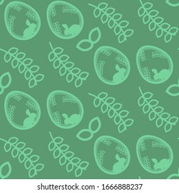 Easter eggs with rabbits seamless pattern by Easter, on green background, with twigs and petals, textile prin, design for packaging vector