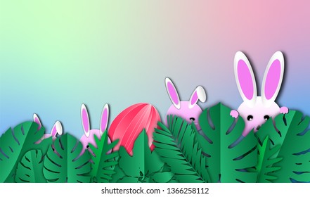 Easter eggs and rabbits sneak in the monstera leaves with colorful gradient or multicolor toned background of holographic for happy holiday,vector or illustration with paper art style