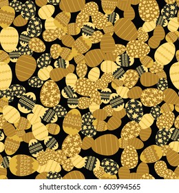 Easter eggs randomly placed on black background. Decorative seamless pattern. Wrapping or greeting card texture. Vector eps8 illustration in golden tones.