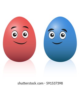 Easter eggs - red and blue comic couple - isolated vector cartoon illustration on white background.