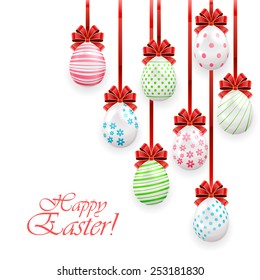 Easter eggs with red bow on white background, illustration.