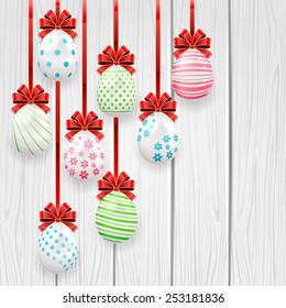 Easter eggs with red bow on wooden background, illustration.