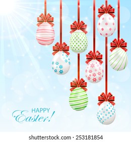 Easter eggs with red bow on sunny background, illustration.