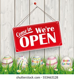 Easter eggs, with red hanging sign and text "com in, we're open".  Eps 10 vector file.