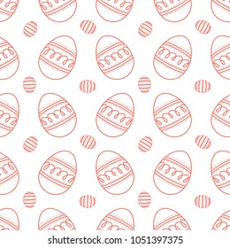 Easter eggs in red outline line up on white background. Cute hand drawn seamless pattern design for Easter festival in vector illustration.