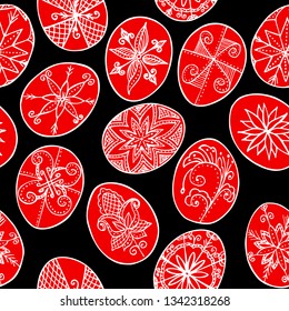 Easter eggs, red Paschal eggs seamless pattern, decorated with beeswax - to celebrate Easter. old tradition.