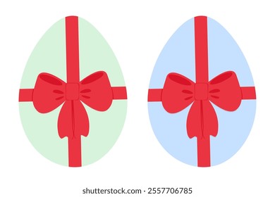 Easter Eggs with red ribbon bow in trendy festive colors. Greeting card design element concept Set 2