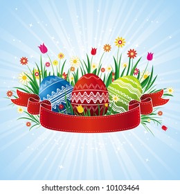 easter eggs with red ribbon, vector illustration