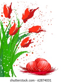 Easter eggs and red tulips