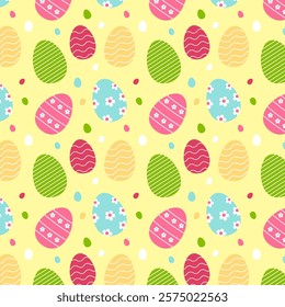 Easter eggs repeat pattern.Cute colorful easter egg seamless pattern isolated on yellow background.Vector graphic illustration.
