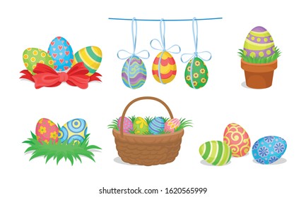 Easter Eggs Resting in Basket and Nest Vector Set