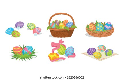 Easter Eggs Resting in Basket and Nest Vector Set