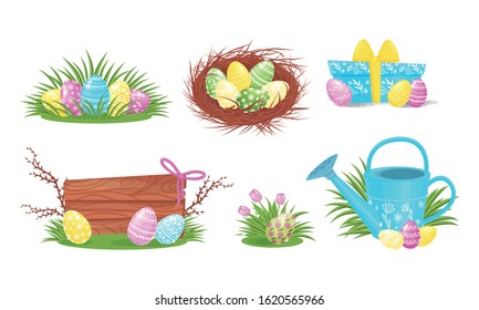 Easter Eggs Resting in Nest and on Grass Vector Set