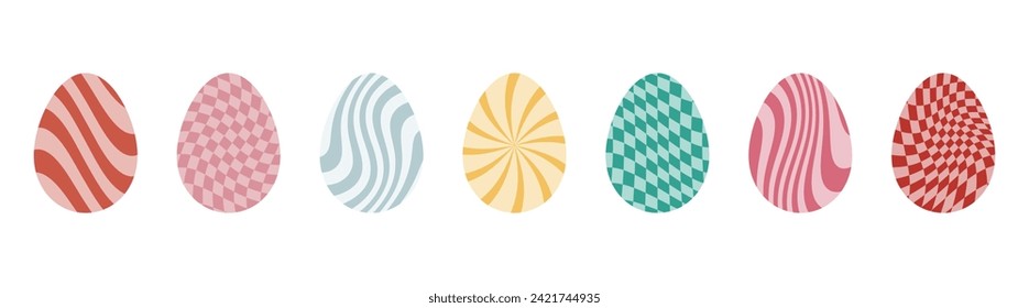 Easter eggs with retro groovy patterns in 60s 70s style set. Groovy hippie Happy Easter with distorted psychedelic design. Vector illustration 