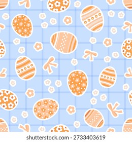 Ostereier, Schleifen und süße Blumen auf blauem kariertem Muster. Vektorgrafik gut für Boho Wrapping Papier, Textil und Stoffdruck.