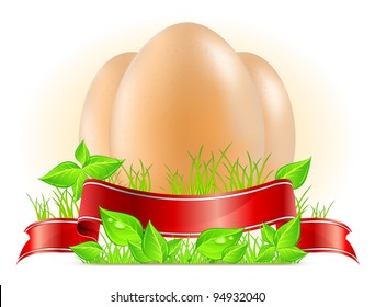 Easter eggs with ribbon on green grass, holiday vector illustration