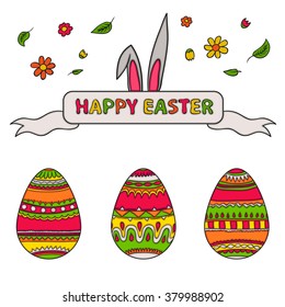 Easter eggs and ribbon with rabbit ears - vector set. Collection of holiday symbols.