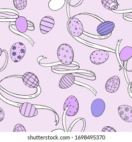 Easter eggs with ribbons are isolated on a pink background. Handwork vector drawing. Seamless pattern for design