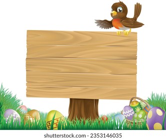 An Easter eggs and robin bird cartoon wood wooden sign background 