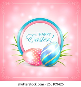 Easter eggs with round card on pink background, illustration.