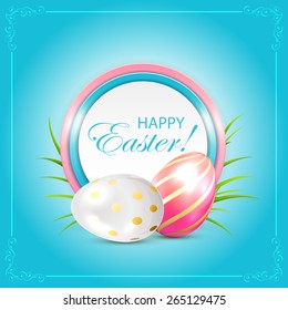 Easter eggs with round card on blue background, illustration.