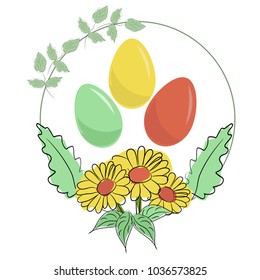 Easter eggs in a round frame. Blooming large chamomiles.