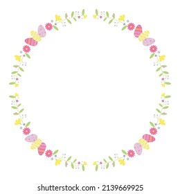 Easter eggs round frame with floral decor. Floral holiday vector illustration