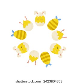 Easter eggs round frame, ornament, spring. On white isolated background. For your postcard design, invitations, congratulations