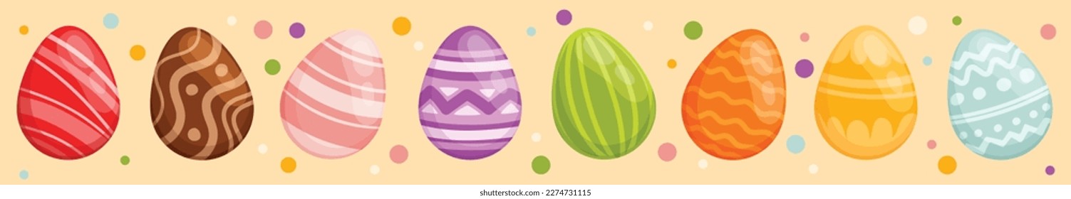 Easter eggs in a row multi-colored with a print. Seamless border easter eggs